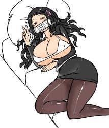 Rule 34 | black hair, black skirt, bra, breasts, couch, deculture, hair ribbon, highres, kamado nezuko, kimetsu no yaiba, large breasts, long hair, looking at viewer, lying, monster energy, office lady, aged up, on back, on couch, open clothes, open shirt, pillow, pink eyes, ribbon, shirt, skirt, solo, unbuttoned, underwear, v, waking up, white bra, white shirt