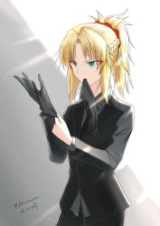 Rule 34 | 1girl, 2017, absurdres, black gloves, blonde hair, braid, cowboy shot, dated, dconan owo, eyes visible through hair, fate/apocrypha, fate (series), formal, french braid, glove in mouth, glove pull, gloves, green eyes, highres, long hair, mordred (fate), mordred (fate/apocrypha), mouth hold, ponytail, solo, suit, twitter username, white background