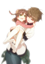 Rule 34 | 1boy, 1girl, :d, age difference, ahoge, arms around neck, blurry edges, blush, braid, brown hair, carrying, casual, child, clothes writing, commentary, cowboy shot, eye contact, eyelashes, feet, floating hair, flower, full body, green eyes, hair between eyes, hair flower, hair ornament, happy, highres, hug, interlocked fingers, kanbe kotori, knees up, legs, looking at another, lower teeth only, medium hair, midori (mido0021), no shoes, one eye closed, open mouth, own hands together, pink flower, pink shirt, princess carry, rewrite, shirt, short hair, simple background, smile, socks, soles, spiked hair, standing, sweater, teeth, toes, twin braids, wavy hair, white background, white socks, white sweater