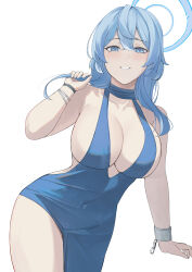 Rule 34 | 1girl, absurdres, ako (blue archive), ako (dress) (blue archive), backless dress, backless outfit, bare shoulders, blue archive, blue dress, blue eyes, blue hair, blush, bracelet, breasts, chain, cleavage, covered navel, cuffs, dress, grin, hair between eyes, hairband, halo, highres, jewelry, large breasts, looking at viewer, medium hair, ref (pmxt4483), shackles, sideboob, smile, solo, thighs