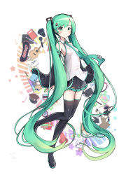 Rule 34 | 1girl, absurdly long hair, blush, boots, detached sleeves, full body, green eyes, green hair, hair ornament, hairclip, hatsune miku, highres, long hair, looking at viewer, namuya (dlcjfgns456), necktie, skirt, solo, thigh boots, thighhighs, twintails, very long hair, vocaloid, white background