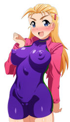 Rule 34 | 10s, 1girl, blonde hair, blue eyes, breasts, cameltoe, cleft of venus, covered erect nipples, covered navel, female focus, furinji miu, highres, jacket, kani club, large breasts, long hair, looking at viewer, mole, mole under eye, open clothes, open jacket, shijou saikyou no deshi ken&#039;ichi, simple background, skin tight, smile, solo, standing