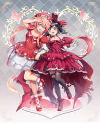 Rule 34 | 2girls, ankle lace-up, arm up, bare shoulders, black eyes, black hair, black legwear, blue eyes, bow, choker, clothing cutout, commentary request, cross-laced footwear, dress, elbow gloves, flower, gloves, hair bow, hat, hat ribbon, heart, high heels, kaze-hime, layered dress, locked arms, long hair, multiple girls, open mouth, original, pink hair, puffy short sleeves, puffy sleeves, red bow, red dress, red flower, red headwear, red ribbon, ribbon, short sleeves, shoulder cutout, smile, standing, standing on one leg, thighhighs, twintails, very long hair, watermark, web address, white gloves