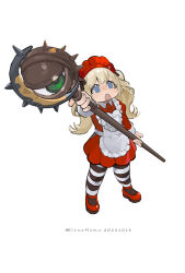 Rule 34 | 1girl, :o, apron, blonde hair, blue eyes, dress, elena zao, eyeball, final fantasy, final fantasy xiv, flat chest, full body, highres, holding, holding staff, lalafell, looking up, mage staff, maid, maid apron, maid headdress, open mouth, red dress, red footwear, red headdress, simple background, solo, staff, striped clothes, striped thighhighs, thighhighs, twintails, warrior of light (ff14), white apron, white background
