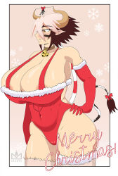 Rule 34 | 1girl, animal ears, animal print, bare shoulders, blush, breasts, brown eyes, brown hair, cathyl, christmas, cleavage, cow ears, cow girl, cow horns, cow print, cow tail, crowns, elbow gloves, english text, facial mark, female focus, gloves, hand on own hip, horns, huge breasts, leotard, looking to the side, monster musume no iru nichijou, navel, plump, red gloves, red leotard, shiny skin, short hair, solo, standing, tail, thick thighs, thighs, white hair