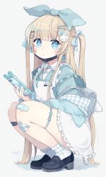 Rule 34 | 1girl, absurdres, apron, backpack, bag, bandaid, black footwear, blonde hair, blue eyes, blush, bow, chon (chon33v), commentary request, ear piercing, hair bow, hair ornament, hair ribbon, hairclip, highres, holding, holding phone, jacket, legwear garter, long hair, long sleeves, looking at viewer, mask, mouth mask, original, phone, piercing, rabbit hair ornament, ribbon, simple background, skirt, skirt set, symbol-shaped pupils, thigh strap, twintails, white background