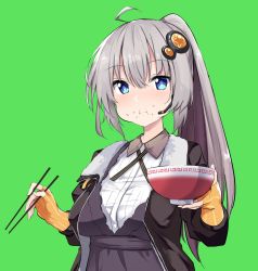 Rule 34 | 1girl, :i, ahoge, alternate hairstyle, black dress, black jacket, blue eyes, blush, bowl, breasts, chipa (arutana), chopsticks, dress, eating, fingerless gloves, gloves, green background, hair ornament, hairpin, headset, highres, holding, holding bowl, holding chopsticks, jacket, kizuna akari, large breasts, long hair, long sleeves, looking at viewer, open clothes, open jacket, orange gloves, ponytail, rice bowl, silver hair, simple background, solo, star (symbol), striped clothes, striped gloves, upper body, voiceroid
