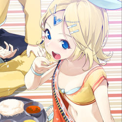 Rule 34 | 1girl, bad id, bad pixiv id, blonde hair, blue eyes, eating, food, hair ornament, hairclip, indian clothes, jewelry, kagamine rin, midriff, navel, open mouth, short hair, sitting, vocaloid, wristband, yahako