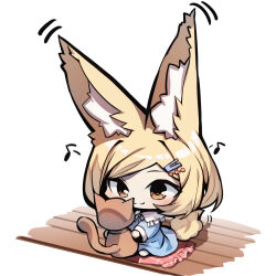 Rule 34 | 1girl, animal ear fluff, animal ears, blonde hair, blue dress, brown eyes, chibi, closed mouth, collared dress, commentary request, cushion, dress, eighth note, fox ears, fox girl, fox tail, frilled shirt collar, frills, full body, hair ornament, hairclip, highres, holding, motion lines, musical note, original, simple background, sitting, smile, solo, swept bangs, tail, white background, wooden floor, yuuji (yukimimi), zabuton