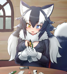 Rule 34 | 1girl, animal ear fluff, animal ears, between breasts, blue eyes, blush, breasts, commentary, commentary request, fang, fur collar, gloves, grey wolf (kemono friends), heterochromia, indoors, kemono friends, large breasts, long hair, looking down, mo23, multicolored hair, necktie, necktie between breasts, open mouth, plaid necktie, plaid neckwear, sitting, solo, tail, tail wagging, two-tone hair, white gloves, wolf ears, wolf girl, wolf tail, yellow eyes