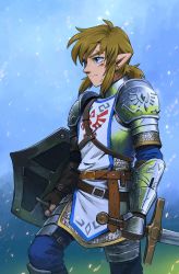 Rule 34 | 1boy, armor, blue eyes, blurry, blurry background, feet out of frame, highres, hylian crest, link, male focus, malin falch, nintendo, outdoors, pointy ears, scale armor, shield, solo, sparks, sword, the legend of zelda, the legend of zelda: breath of the wild, weapon