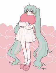 Rule 34 | 1girl, :&gt;, absurdly long hair, alternate costume, blush stickers, dress, gohanysu, green hair, half-closed eyes, hatsune miku, heart, heart background, highres, holding, holding heart, hugging object, long hair, long sleeves, looking at viewer, multicolored hair, pink background, pink dress, pink footwear, pink hair, raised eyebrows, short dress, smile, socks, solo, streaked hair, twintails, two-tone background, very long hair, vocaloid, white background, white socks