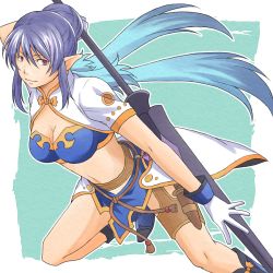 Rule 34 | 00s, 1girl, aqua background, blue footwear, blue hair, boots, gloves, hair bun, judith (tales), long hair, mishiro (andante), pointy ears, polearm, red eyes, shoes, single hair bun, smile, solo, spear, tales of (series), tales of vesperia, twintails, weapon