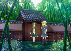 Rule 34 | 2girls, architecture, bamboo, bamboo forest, black skirt, blonde hair, blue dress, boots, brown eyes, brown hair, coat, covering own mouth, crossed arms, day, dress, e.o., east asian architecture, expressionless, flower, forest, grass, hat, hat ribbon, jacket, knee boots, long hair, looking at viewer, looking to the side, maribel hearn, multiple girls, nature, necktie, open clothes, open jacket, outdoors, red necktie, ribbon, shirt, short hair, skirt, touhou, trench coat, untucked shirt, usami renko