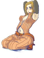 Rule 34 | 1990s (style), 1girl, arms up, black gloves, blonde hair, blue eyes, blush, breasts, elbow gloves, female focus, final fantasy, final fantasy viii, gloves, kneeling, long hair, makuiro, midriff, quistis trepe, skirt, solo, unzipped, white background
