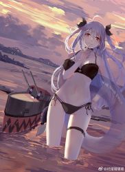 Rule 34 | 1girl, artist request, azur lane, bikini, black bikini, breasts, brown eyes, choker, dutch angle, earrings, finger to mouth, gluteal fold, hand on own hip, innertube, jewelry, large breasts, long hair, looking at viewer, multi-strapped bikini bottom, multi-strapped bikini top, multicolored hair, navel, outdoors, parted lips, prinz eugen (azur lane), side-tie bikini bottom, silver hair, single earring, solo, streaked hair, sunset, swim ring, swimsuit, thigh strap, turret, two side up, wading, watermark, weibo username