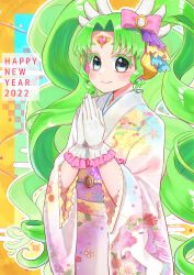 Rule 34 | 1girl, 2022, closed mouth, colored eyelashes, cowboy shot, falulu, falulu (awakened), floral print, floral print kimono, forehead jewel, frilled sleeves, frills, gloves, green hair, grey eyes, hands up, happy new year, headphones, highres, japanese clothes, jinno (jin c kkry), kimono, long hair, long sleeves, looking at viewer, new year, outline, own hands clasped, own hands together, parted bangs, pink kimono, pretty series, pripara, sidelocks, smile, solo, standing, twintails, unicorn print, very long hair, white gloves, wide sleeves, wing hair ornament