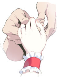 Rule 34 | 1boy, 1girl, asutora, fingernails, hand focus, head out of frame, holding hands, jewelry, remilia scarlet, ring, simple background, touhou, white background, wrist cuffs