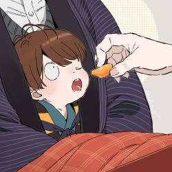 Rule 34 | 1boy, aura, blanket, brown hair, child, feeding, food, fruit, gegege no kitarou, grey background, hanten (clothes), holding, holding food, kitarou, kitarou tanjou: gegege no nazo, kunieda (miniaturegarden), looking at another, male focus, mandarin orange, one eye closed, open mouth, out of frame, shared clothes, short hair, solo focus, swept bangs, under covers