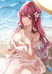 Rule 34 | 1girl, ai ai gasa, arm at side, arm support, armpit crease, bare shoulders, beach, beach umbrella, bikini, blue ribbon, bracelet, braid, breasts, cain art811, cleavage, closed mouth, collarbone, commentary, cowboy shot, crop top, crop top overhang, flower, from above, gluteal fold, hair flower, hair ornament, half updo, hand on own chest, highres, jewelry, large breasts, light blush, long hair, looking at viewer, lotion, midriff, navel, necklace, original, pearl bracelet, pendant, pink eyes, pink hair, red hair, ribbon, sarong, see-through, see-through sarong, shiren (cain art811), side-tie bikini bottom, sidelocks, sitting, solo, sparkle, strapless, strapless bikini, summer, sunscreen, swimsuit, thigh gap, umbrella, very long hair, water, wavy hair, wet, white bikini, white flower, white sarong, yellow umbrella