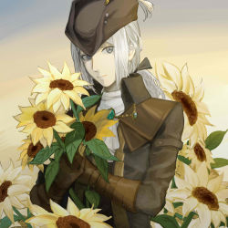 Rule 34 | 1girl, ascot, blonde hair, bloodborne, blue eyes, cape, coat, ascot, flower, gloves, hat, hat feather, highres, holding, jewelry, lady maria of the astral clocktower, long hair, looking at viewer, ponytail, simple background, smile, solo, the old hunters, tokyo bay seal, white hair