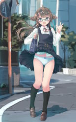 Rule 34 | 1girl, :d, absurdres, ahoge, amemiya sekira, bag, black dress, black socks, blue eyes, blurry, blurry background, blush, bow, bow panties, brown footwear, brown hair, clothes lift, collared shirt, commentary request, day, depth of field, dress, dress lift, full body, glasses, green-framed eyewear, highres, kneehighs, loafers, long hair, long sleeves, neck ribbon, open mouth, original, outdoors, panties, pinafore dress, pleated dress, polka dot, polka dot panties, red ribbon, ribbon, school bag, school uniform, sekira ame, semi-rimless eyewear, shirt, shoes, sleeveless, sleeveless dress, smile, socks, solo, standing, traffic mirror, two side up, under-rim eyewear, underwear, very long hair, white panties, white shirt, wind, wind lift