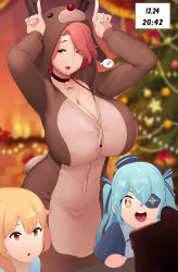 Rule 34 | 3girls, animal costume, antlers, bell, blonde hair, breasts, candle, character request, christmas, christmas tree, collar, cosplay, dutch girl (last origin), eyepatch, fireplace, fortune (last origin), hair ribbon, hat, highres, horns, huge breasts, impossible clothes, last origin, lrl (last origin), moebell, multiple girls, neck bell, open mouth, orange eyes, parted bangs, red hair, reindeer antlers, reindeer costume, ribbon, short hair, smile, sparkle, sparkling eyes, tight clothes, twintails, yellow eyes