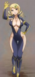 Rule 34 | 1girl, amira (eden&#039;s zero), blonde hair, blue bodysuit, bodysuit, breasts, center opening, cleavage, collarbone, drill hair, eden&#039;s zero, fishnet bodysuit, fishnets, full body, gaston18, groin, hand on own hip, highres, jewelry, large breasts, looking at viewer, mashima hiro, medium hair, necklace, no bra, no panties, smile, teeth, thighs, twin drills, twintails, wide hips