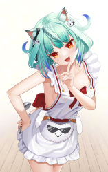 Rule 34 | 1girl, :d, absurdres, animal ear fluff, animal ears, apron, aqua hair, bangom r, blue hair, blush, breasts, cat ears, collarbone, colored tips, cowboy shot, finger to mouth, frilled apron, frills, hand on own hip, head tilt, highres, hololive, leaning forward, looking at viewer, multicolored hair, naked apron, open mouth, red eyes, sideboob, simple background, small breasts, smile, solo, streaked hair, two-tone hair, uruha rushia, virtual youtuber, white apron, white background, wooden floor
