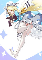 Rule 34 | 1girl, 1other, absurdres, blonde hair, blue dress, closed mouth, dress, frilled dress, frills, from behind, full body, hair over one eye, hair ribbon, highres, juliet sleeves, large ribbon, long hair, long sleeves, looking at viewer, looking back, mahou shoujo ni akogarete, nero alice, one eye closed, puffy sleeves, red eyes, ribbon, shriohalfarm, simple background, soles, standing, standing on one leg, striped ribbon, thighhighs, venalita, very long hair, walking, white thighhighs