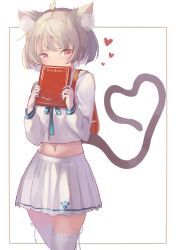 Rule 34 | 1girl, absurdres, ahoge, animal ears, backpack, bad id, bad pixiv id, bag, blue bow, blush, book, bow, cat ears, cat girl, cat tail, commentary, covered mouth, fingernails, hands up, heart, heart tail, highres, holding, holding book, light brown hair, long sleeves, looking at viewer, midriff, navel, original, pink eyes, pleated skirt, polka dot, polka dot bow, randoseru, ribbon, shii (kairi-t-k0317), shirt, short hair, skirt, solo, tail, tail raised, thighhighs, white ribbon, white shirt, white skirt, white thighhighs