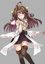 Rule 34 | 10s, 1girl, ahoge, blowing kiss, blush, boots, brown hair, detached sleeves, double bun, grey background, hair bun, hairband, heart, highres, hika (cross-angel), japanese clothes, kantai collection, kongou (kancolle), long hair, one eye closed, personification, purple eyes, simple background, skirt, solo, thigh boots, thighhighs, wide sleeves, wink, zettai ryouiki