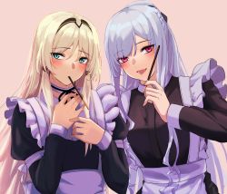 Rule 34 | 2girls, 3 small spiders, absurdres, ak-12 (girls&#039; frontline), alternate costume, an-94 (girls&#039; frontline), aqua eyes, blonde hair, blush, braid, closed mouth, food, french braid, girls&#039; frontline, hair between eyes, hair ornament, hairband, hairclip, highres, holding, holding food, holding pocky, long hair, looking at viewer, maid, multiple girls, open mouth, pink background, pocky, pocky day, purple eyes, silver hair, smile, upper body