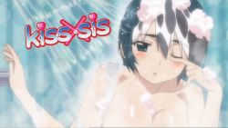 Rule 34 | 1girl, bathing, blue hair, blush, breasts, green eyes, kissxsis, large breasts, mikuni miharu, nude, one eye closed, parted lips, short hair, showering, soap, solo, tagme, upper body