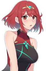 Rule 34 | 1girl, bare shoulders, black one-piece swimsuit, blush, breasts, chest jewel, commentary, covered collarbone, earrings, edmonmondo, english commentary, highres, jewelry, large breasts, looking at viewer, medium hair, one-piece swimsuit, open mouth, pyra (pro swimmer) (xenoblade), pyra (xenoblade), red eyes, red hair, red one-piece swimsuit, sidelocks, simple background, solo, swept bangs, swimsuit, tiara, two-tone swimsuit, upper body, white background, xenoblade chronicles (series), xenoblade chronicles 2