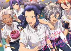 5boys belt belt_buckle berry birthday birthday_cake black_belt blue_hair blue_pants buckle cake closed_eyes collared_shirt confetti dark-skinned_male dark_skin dolustoy eisei_gakuen facial_mark food gift green_eyes grey_hair happy_birthday highres holding holding_gift holding_party_popper inazuma_eleven_(series) inazuma_eleven_ares_no_tenbin kira_hiroto kiyama_hiroto long_hair male_focus multicolored_hair multiple_boys mutou_satoshi open_mouth orange_eyes pants party_popper purple_hair red_hair saginuma_osamu segata_ryuuichirou shirt smile sweatdrop two-tone_hair upper_body white_hair white_shirt