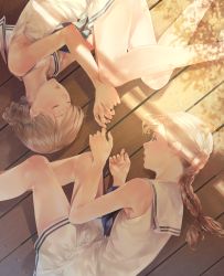 Rule 34 | 2girls, armpits, bare arms, bare legs, bare shoulders, blue neckerchief, braid, closed eyes, collarbone, commentary request, dappled sunlight, day, dress, from above, highres, lips, long hair, multiple girls, neckerchief, on floor, original, outdoors, parted lips, profile, sailor dress, short hair, sleeping, sleeveless, sleeveless dress, sousou (sousouworks), sunlight, sweat, twin braids, white dress, wooden floor
