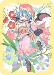 Rule 34 | 1girl, ;d, absurdres, alternate costume, bag, bat wings, blue flower, blue hair, blush, boots, bow, branch, brown footwear, chrysanthemum, commentary request, cross-laced footwear, fang, fingernails, floral print, flower, full body, furisode, hair between eyes, handbag, hands up, hat, hat bow, highres, hydrangea, japanese clothes, kimono, lace-up boots, leaf, leg up, long fingernails, long sleeves, looking at viewer, mob cap, morino hon, nail polish, new year, obi, one eye closed, open mouth, partial commentary, pink kimono, red eyes, red flower, red hat, red nails, remilia scarlet, sash, short hair, slit pupils, smile, solo, standing, standing on one leg, striped, touhou, two-tone background, v, v-shaped eyebrows, white background, white bow, white flower, wings, yellow background