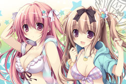 Rule 34 | 2girls, :d, :o, arm up, bikini, bikini top only, black bow, blue jacket, blush, bow, breasts, brown hair, cleavage, collarbone, eyebrows, frilled bikini, frills, front-tie top, hair between eyes, hair bow, hair intakes, hair ornament, hand in own hair, hood, hood down, hooded jacket, hoodie, jacket, jewelry, long hair, looking at viewer, medium breasts, multiple girls, nail polish, nanaroba hana, open clothes, open mouth, open vest, original, parted lips, pendant, pink eyes, plaid, plaid bikini, plaid ribbon, purple eyes, ribbon, scrunchie, seashell, shell, short sleeves, side ponytail, smile, star (symbol), star hair ornament, swimsuit, tareme, very long hair, vest, white bikini, wrist scrunchie