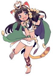 Rule 34 | 1girl, :d, amezawa koma, animal ears, barefoot, bastet (p&amp;d), black hair, bracelet, cape, cat ears, cat tail, fang, full body, green eyes, hair ornament, jewelry, long sleeves, looking at viewer, lots of jewelry, midriff, navel, necklace, open mouth, paw pose, puzzle &amp; dragons, shirt, simple background, skirt, smile, solo, standing, standing on one leg, tail, white background