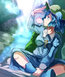 Rule 34 | 1girl, backpack, bad id, bad pixiv id, bag, blue eyes, blue hair, blowing bubbles, chewing gum, hair bobbles, hair ornament, hat, hizagawa rau, indian style, kawashiro nitori, matching hair/eyes, sitting, sketch, solo, stream, touhou, twintails, two side up