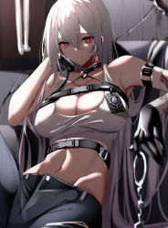 Rule 34 | 1girl, absurdres, alternate costume, azarashi (azrsot), azur lane, bandaged arm, bandages, bare shoulders, black gloves, black pants, breasts, cleavage, commentary request, crop top, cuffs, gloves, hair between eyes, handcuffs, has bad revision, has downscaled revision, highres, large breasts, long hair, looking at viewer, md5 mismatch, multiple straps, navel, pants, police badge, red eyes, resolution mismatch, sitting, smile, solo, source smaller, sovetskaya rossiya (azur lane), sovetskaya rossiya (the lackadaisical lookout) (azur lane), torn clothes, very long hair, white hair