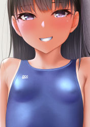 Rule 34 | 1girl, :d, bare shoulders, black hair, blue one-piece swimsuit, breasts, commentary request, competition swimsuit, covered erect nipples, grin, kanzaki muyu, long hair, one-piece swimsuit, one-piece tan, open mouth, original, purple eyes, small breasts, smile, solo, straight hair, swimsuit, tan, tanline, teeth, upper body