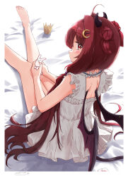 Rule 34 | 1girl, absurdres, ahoge, bare arms, bare legs, barefoot, collar, crescent, crescent hair ornament, crown, demon girl, demon horns, demon tail, demon wings, double bun, dress, foot out of frame, frilled collar, frilled dress, frilled ribbon, frills, from above, from behind, hair between eyes, hair bobbles, hair bun, hair intakes, hair ornament, hair over shoulder, hands on own knees, highres, holding, horns, knees together feet apart, light blush, long hair, looking at viewer, looking back, low twintails, nijisanji, on bed, own hands together, red eyes, red hair, ribbon, shadow, shiisaa3, short dress, sitting, sleeveless, sleeveless dress, solo, tail, twintails, very long hair, virtual youtuber, white dress, wings, yuzuki roa