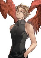 Rule 34 | 1boy, angel, angel wings, artist name, bad id, bad pixiv id, bare arms, bare shoulders, black pants, black shirt, black tank top, blonde hair, boku no hero academia, commentary, covered navel, cowboy shot, earrings, feathered wings, feathers, hand in pocket, hand on own hip, hawks (boku no hero academia), jewelry, kadeart, looking at viewer, male focus, pants, shirt, simple background, sleeveless, sleeveless turtleneck, solo, tank top, turtleneck, upper body, white background, wings, yellow eyes
