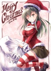 Rule 34 | 10s, 1boy, 1girl, ;d, admiral (kancolle), breasts, christmas, green eyes, green hair, grin, hair ornament, hairclip, hat, kantai collection, large breasts, long hair, looking at viewer, matching hair/eyes, meme attire, merry christmas, one eye closed, open-chest sweater, open mouth, pleated skirt, santa hat, skirt, smile, striped clothes, striped thighhighs, suien, suzuya (kancolle), sweater, t-head admiral, thighhighs, zettai ryouiki