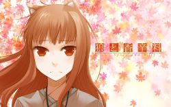 Rule 34 | 1girl, :|, animal ears, ayakura juu, brown hair, closed mouth, copyright name, craft lawrence, eye reflection, holo, leaf, leaf background, long hair, official art, official wallpaper, portrait, red eyes, reflection, sad, solo, spice and wolf, wallpaper, wolf ears