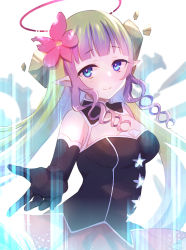 Rule 34 | 1girl, ameth (princess connect!), bare shoulders, black gloves, black shirt, breasts, closed mouth, drill hair, drill sidelocks, elbow gloves, flower, gloves, green hair, gucchiann, hair flower, hair ornament, halo, highres, long hair, looking at viewer, medium breasts, multicolored hair, pink flower, pleated skirt, princess connect!, purple hair, red skirt, ringlets, shirt, sidelocks, skirt, smile, solo, two-tone hair, very long hair