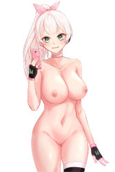 Rule 34 | 1girl, absurdres, breasts, cellphone, cleft of venus, dungeon and fighter, green eyes, highres, holding, holding phone, large breasts, lillly, long hair, nude, phone, ponytail, pussy, selfie, smartphone, solo, white hair