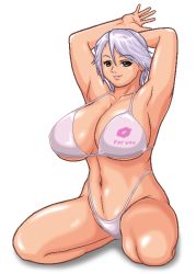 Rule 34 | 1girl, arm up, bikini, black eyes, breasts, christie (doa), cleavage, dead or alive, large breasts, short hair, smile, solo, sugata (artist), swimsuit, tecmo, white hair